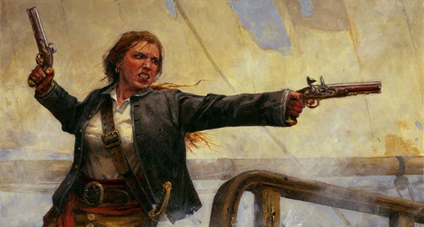 Painting of Grace O'Malley, 16th century Irish pirate queen, wielding two pistols on the deck of her ship